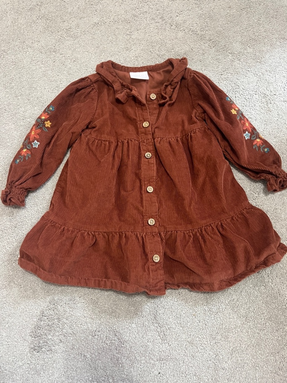 Little Co. Rust Corduroy Button-Front Girls' Dress with Floral Embroidery